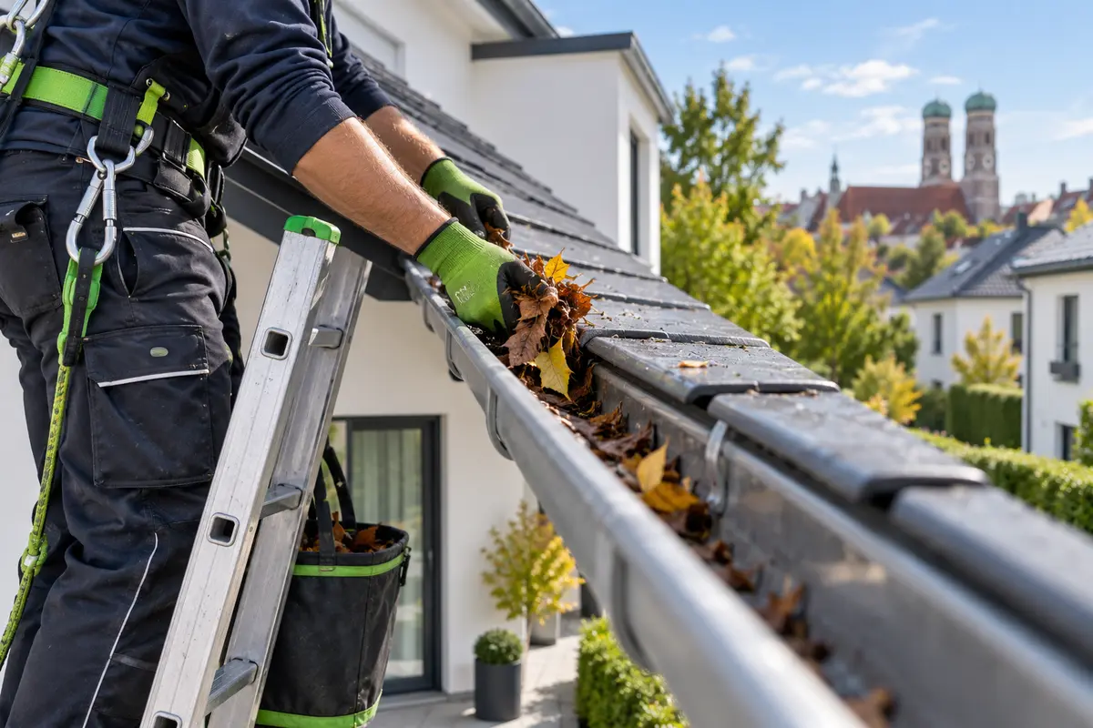 Fachkraft reinigt sicher eine Dachrinne an einem Wohnhaus