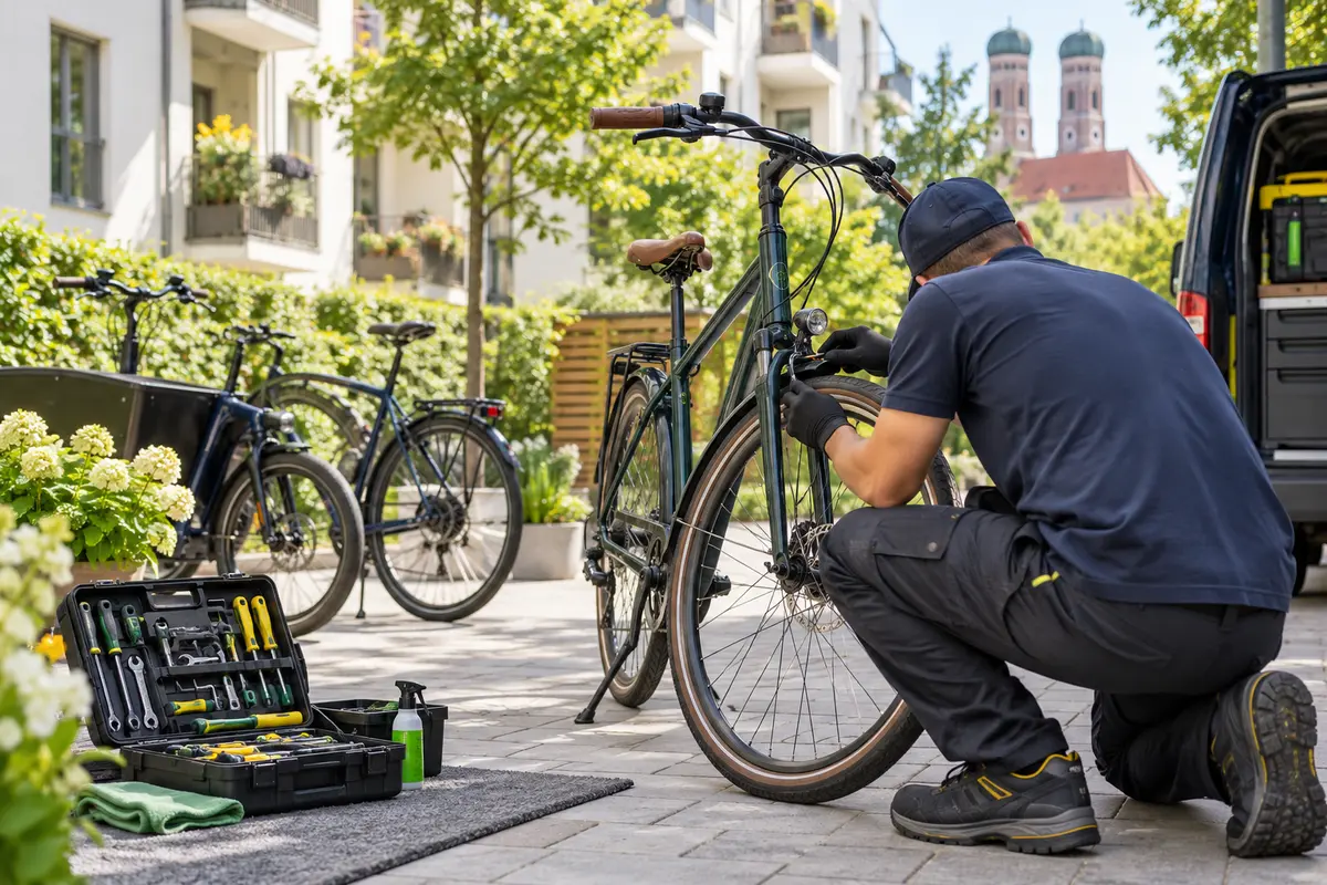 Mobiler Fahrradmechaniker prüft ein Fahrrad in einem Wohnviertel