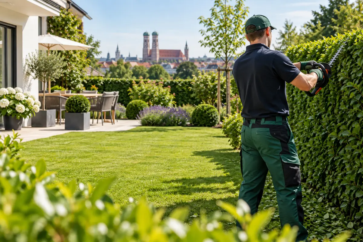 Fachkraft schneidet eine Hecke in einem gepflegten Garten