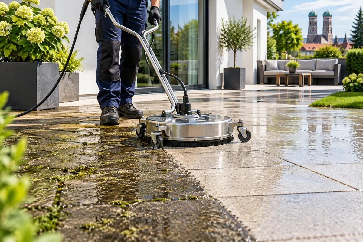 Professionelle Reinigung einer gepflasterten Terrasse